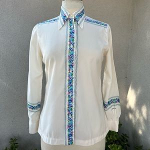 Vintage beautiful polyester pink blue floral trim blouse Sz Small by Loubella
